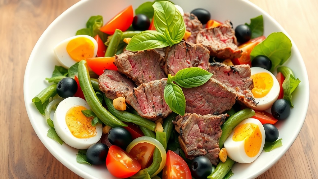 Classic Beef Nicoise Salad Recipe A colorful Beef Nicoise Salad with grilled beef, greens, tomatoes, green beans, and hard-boiled eggs, garnished with olives and basil.